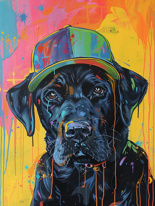 colorful space Labrador Retriever dog with a hat Expressive surreal Poster # F025540