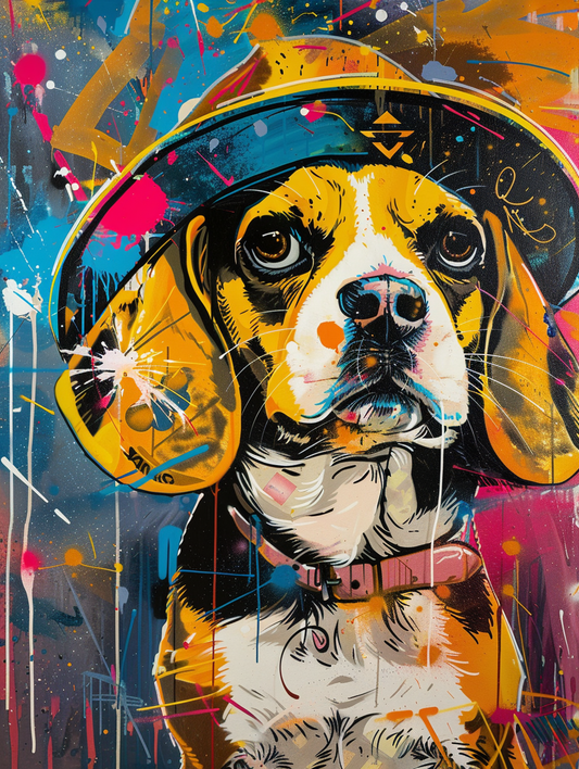Colorful space Beagle dog with a hat Expressive surreal Poster # F024513