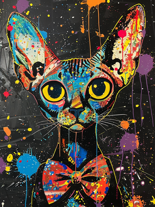 Colorful space Abyssinian cat with a bow tie Expressive surreal Poster # F024342