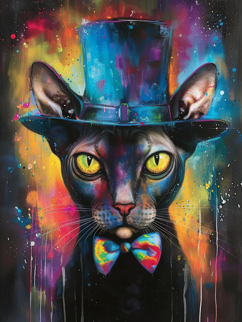 Colorful space Cornish Rex cat with a hat by Hebru Expressive surreal Poster # F024720