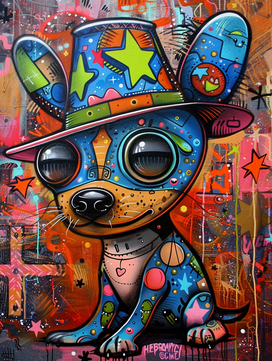 Colorful space Chihuahua dog with a hat Expressive surreal Poster # F025495