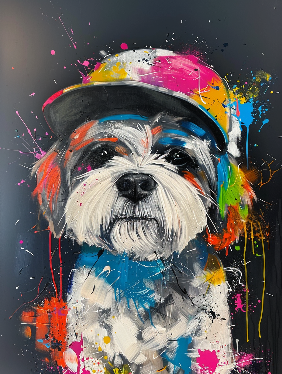 Colorful space Shih Tzu dog with a hat Expressive surreal Poster # F024998