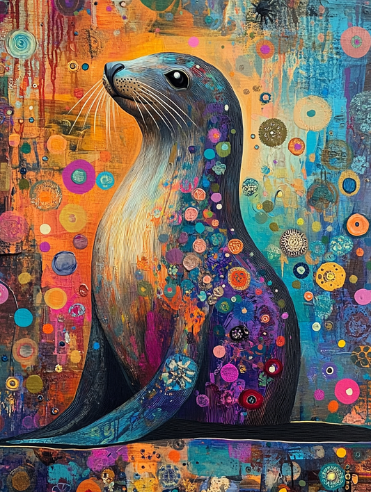 The silhouette of a sea lion with an abstract colo Expressive surreal Poster # F024831