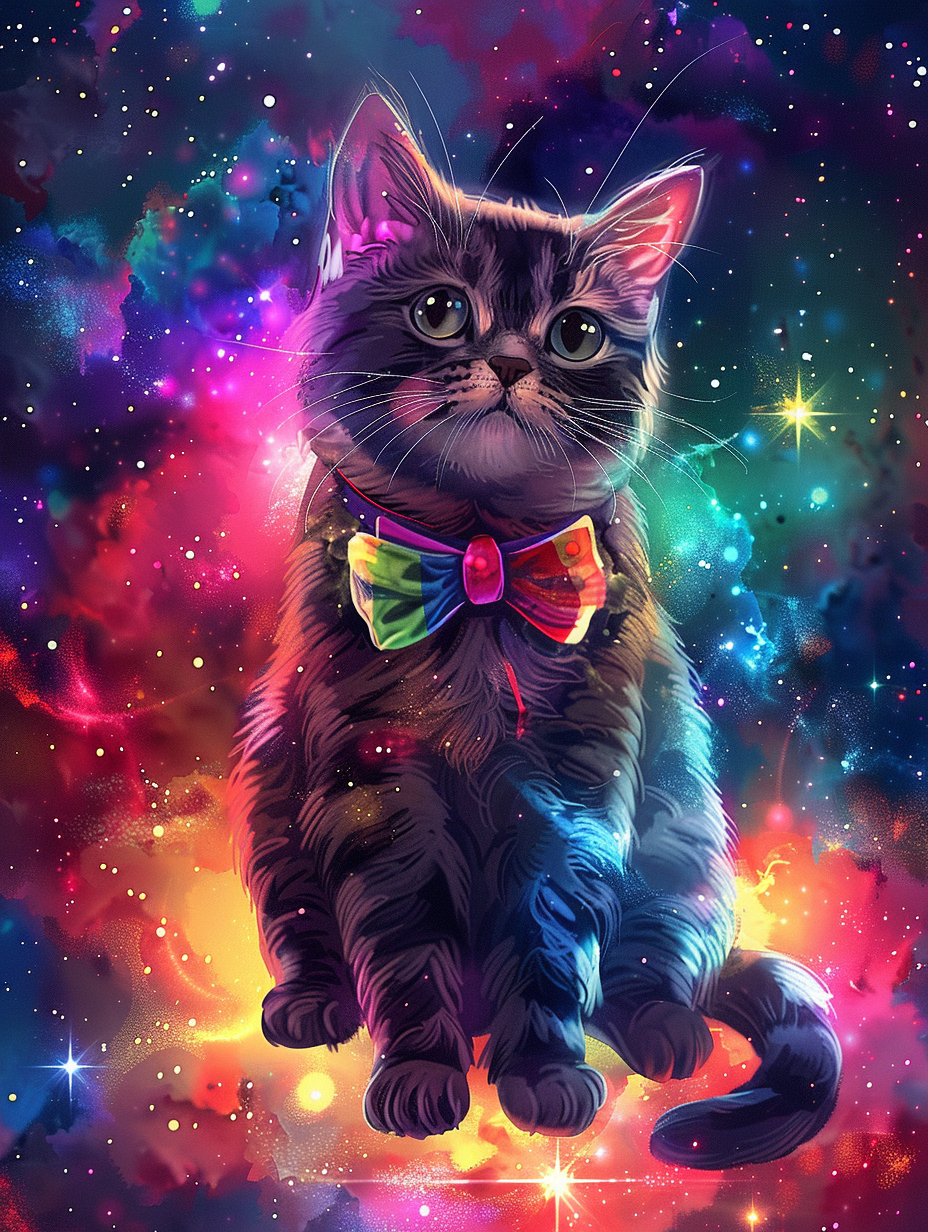 Colorful space British Shorthair cat with a bow ti Expressive surreal Poster # F024702
