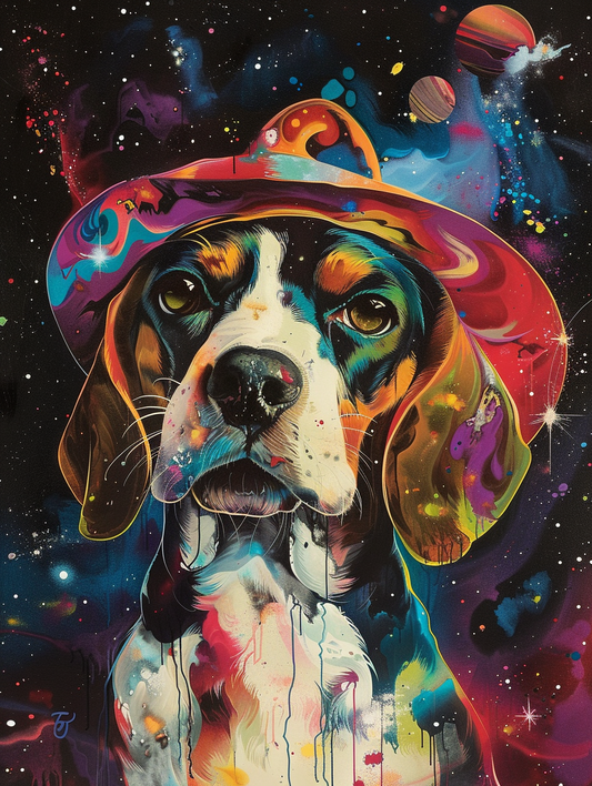 Colorful space Beagle dog with a hat Expressive surreal Poster # F024521