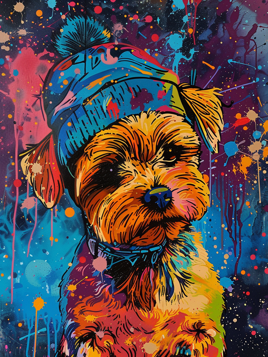 Colorful space Yorkshire Terrier dog with a hat Expressive surreal Poster # F025616