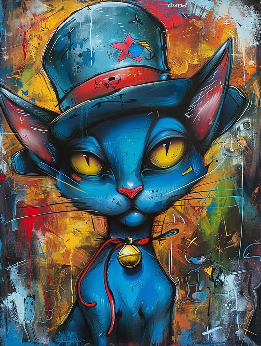 colorful space Russian Blue cat with a hat Expressive surreal Poster # F025355