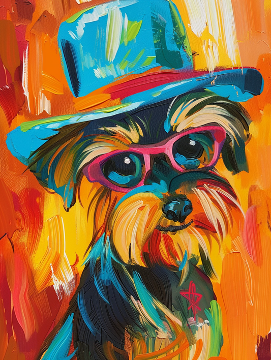 Colorful space Yorkshire Terrier dog with a hat Expressive surreal Poster # F024881