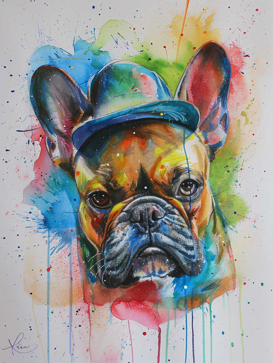 Colorful space French Bulldog dog with a hat Expressive surreal Poster # F025412