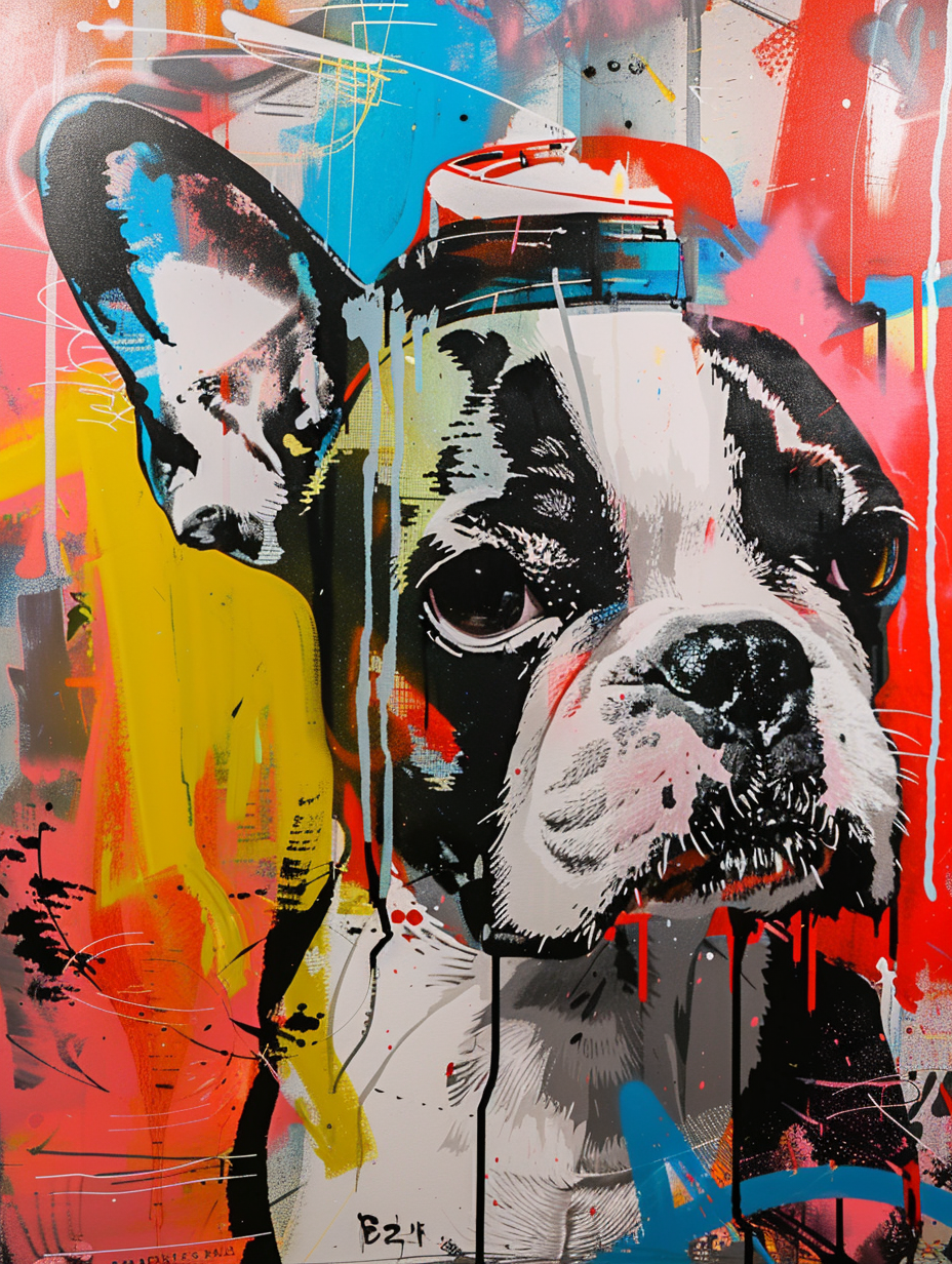 colorful space Boston Terrier dog with a hat Expressive surreal Poster # F025504