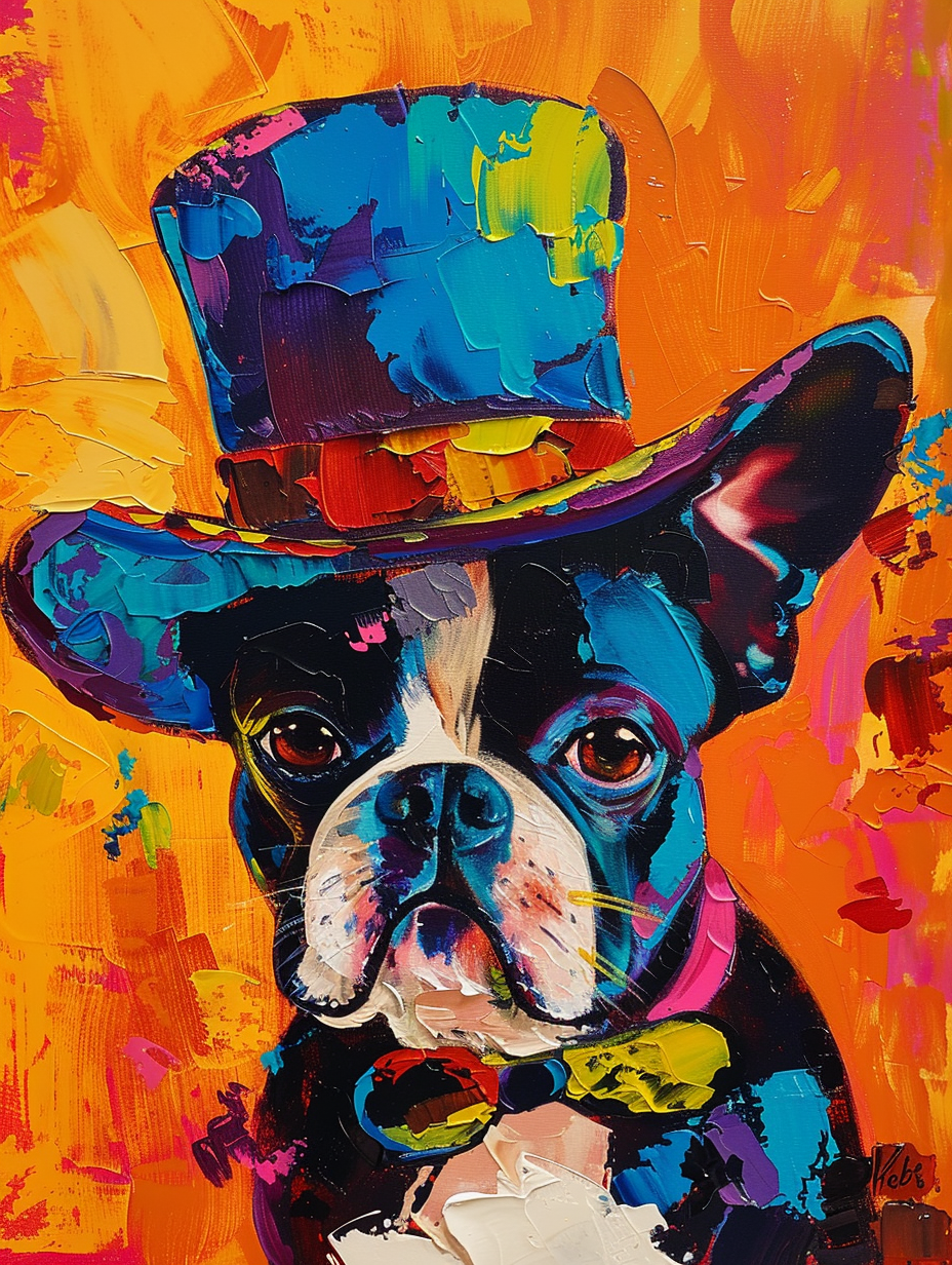 colorful space Boston Terrier dog with a hat Expressive surreal Poster # F025125