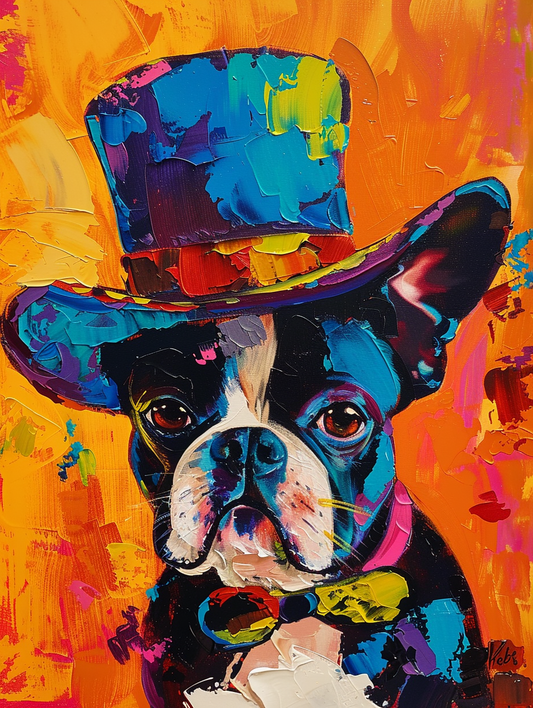 colorful space Boston Terrier dog with a hat Expressive surreal Poster # F025125