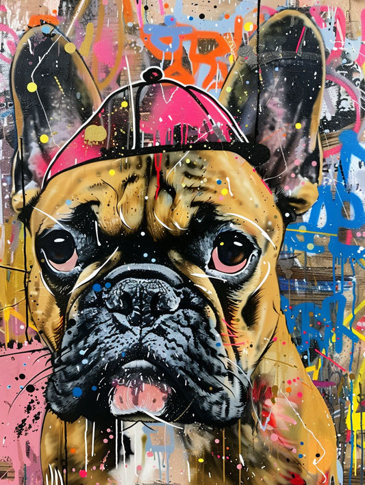 Colorful space French Bulldog dog with a hat Expressive surreal Poster # F025034