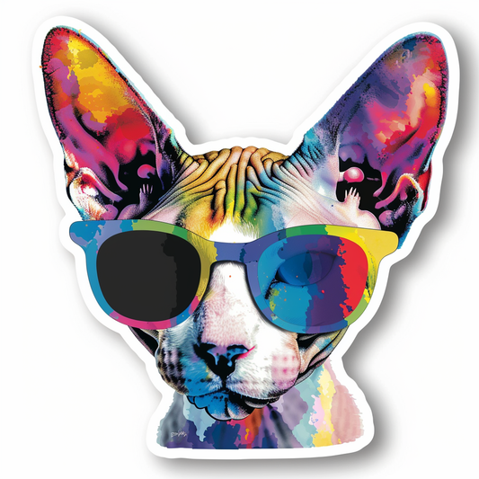 Cornish Rex Cat wearing sunglasses Expressive surreal Vinyl Decal Sticker for Car, Laptop, Tumbler and more # F020745-4" x 4"
