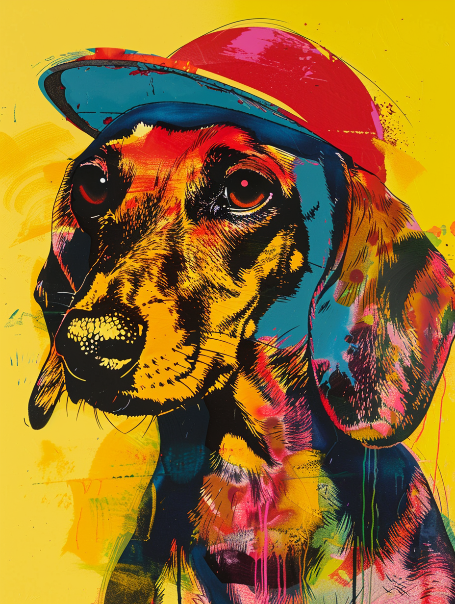 Colorful space Dachshund dog with a hat - Expressive surreal Poster # F025652