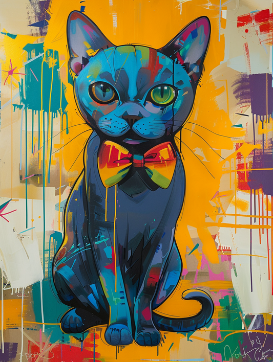 Colorful space Burmese cat with a bow tie Expressive surreal Poster # F024389