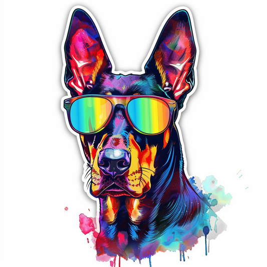 Sticker of a Doberman Pinscher Dog wearing sunglasses Expressive surreal Vinyl Decal Sticker for Car, Laptop, Tumbler and more # F019184