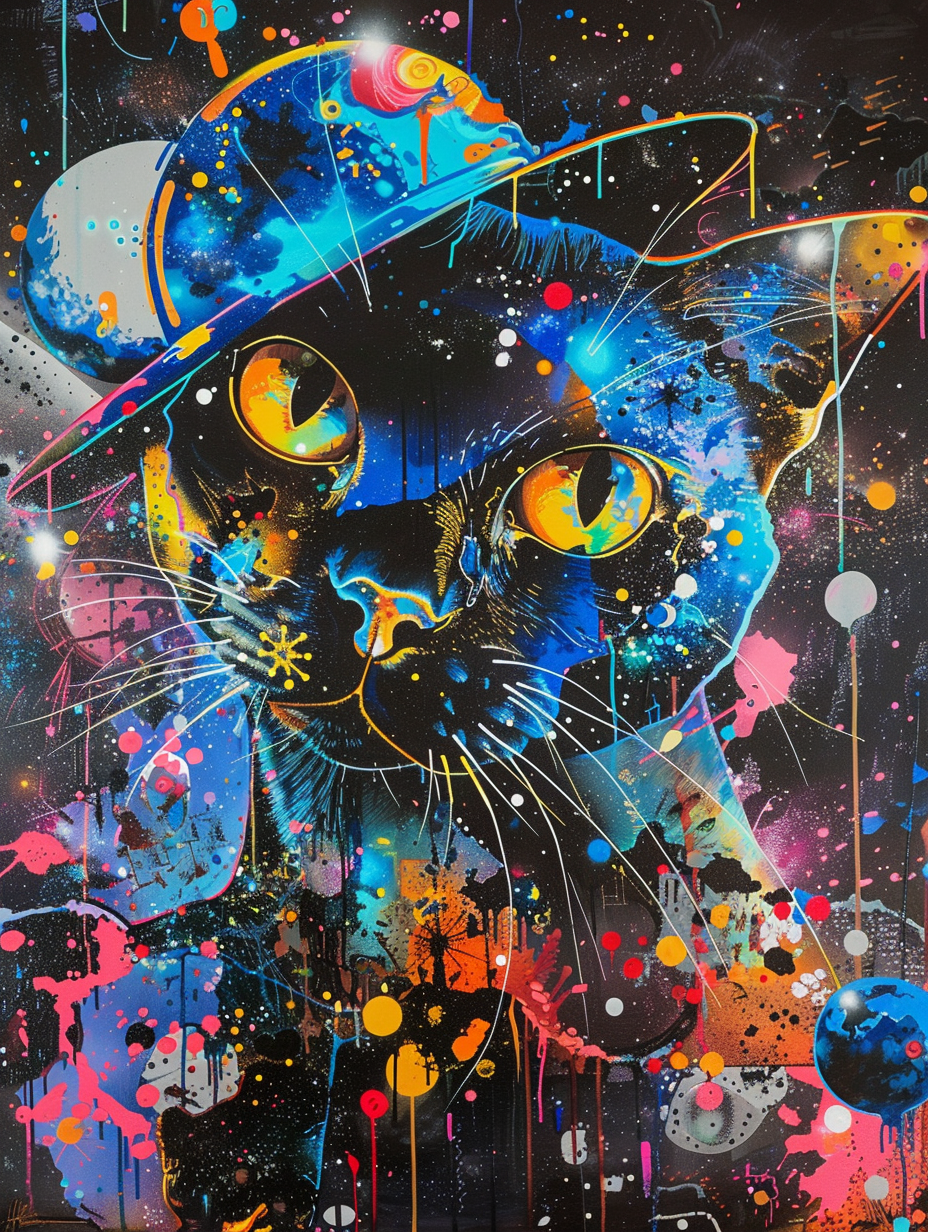 Colorful space Siamese cat with a bow tie Expressive surreal Poster # F024636