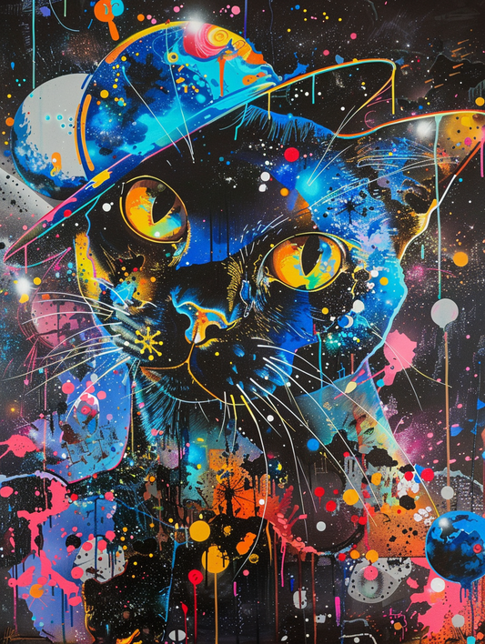 Colorful space Siamese cat with a bow tie Expressive surreal Poster # F024636