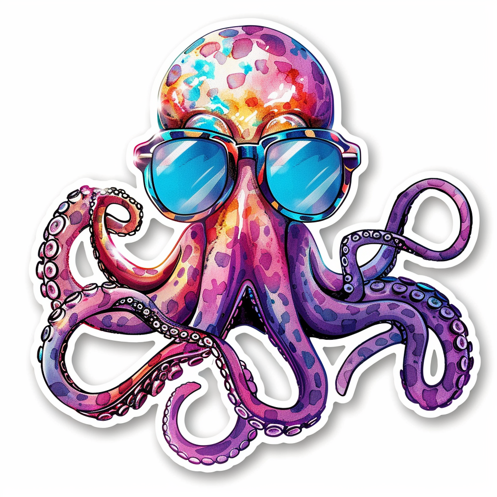 Sticker of a Octopus wearing sunglasses majestic Expressive surreal Vinyl Decal Sticker for Car, Laptop, Tumbler and more # F015375