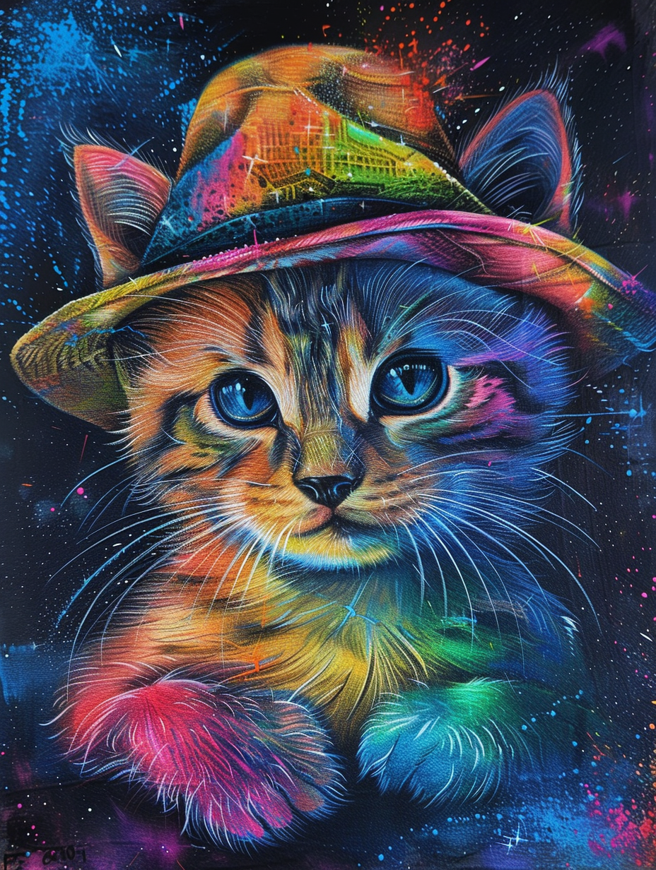 colorful space American Shorthair cat with a hat Expressive surreal Poster # F025214