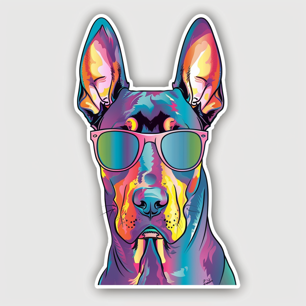 Sticker of a Doberman Pinscher Dog wearing sunglasses Expressive surreal Vinyl Decal Sticker for Car, Laptop, Tumbler and more # F019256