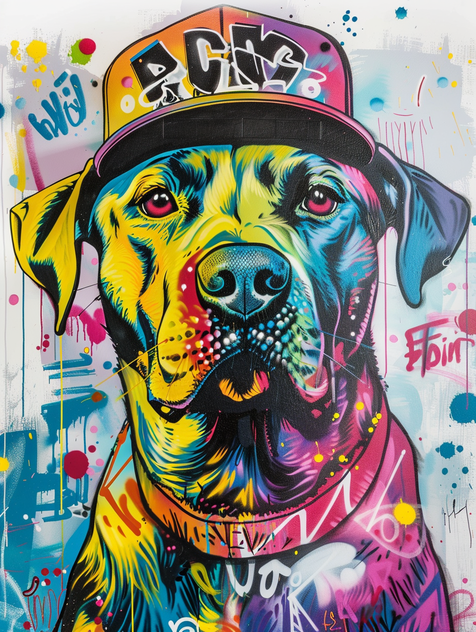 colorful space Labrador Retriever dog with a hat Expressive surreal Poster # F025037