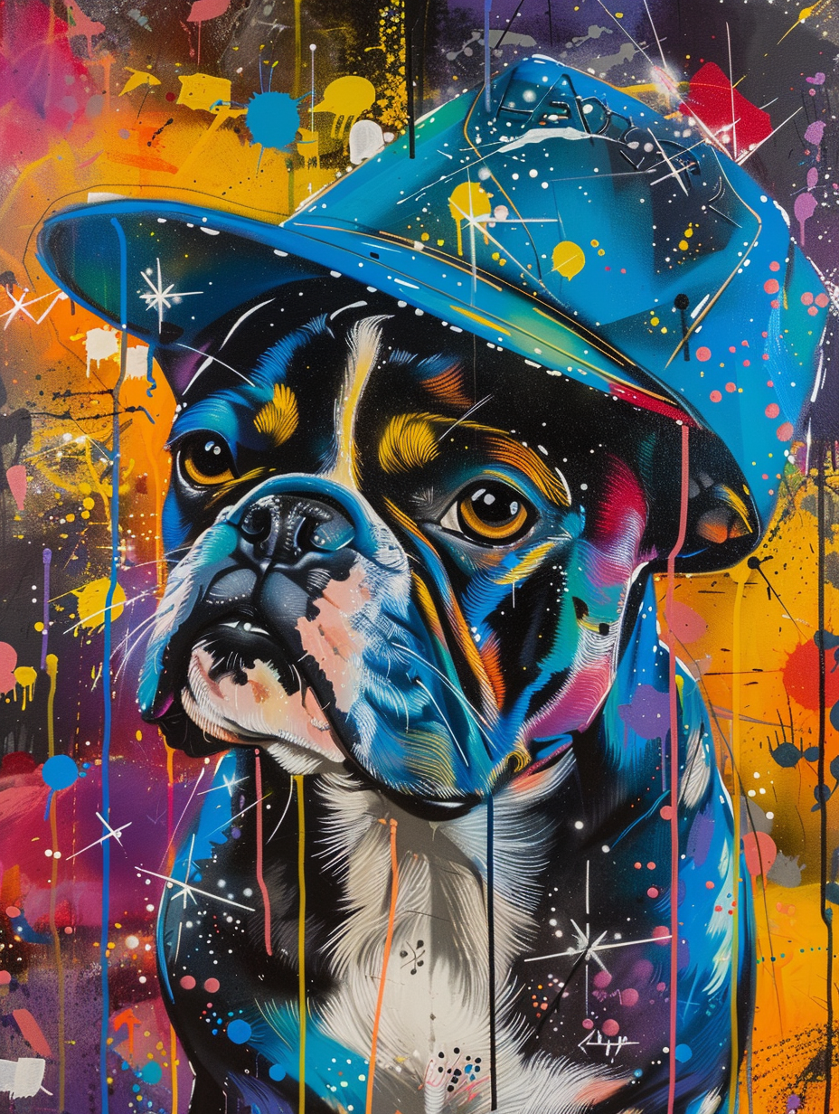 colorful space Boston Terrier dog with a hat Expressive surreal Poster # F024982