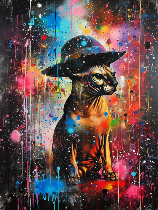 Colorful space Sphynx cat with a hat Expressive surreal Poster # F024645