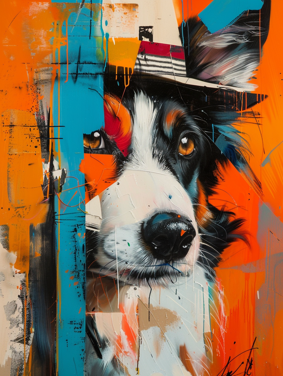 Colorful space Border Collie dog with a hat Expressive surreal Poster # F025512