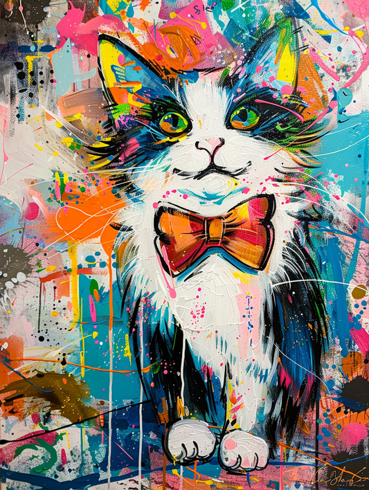 Colorful space Maine Coon cat with a bow tie Expressive surreal Poster # F024688