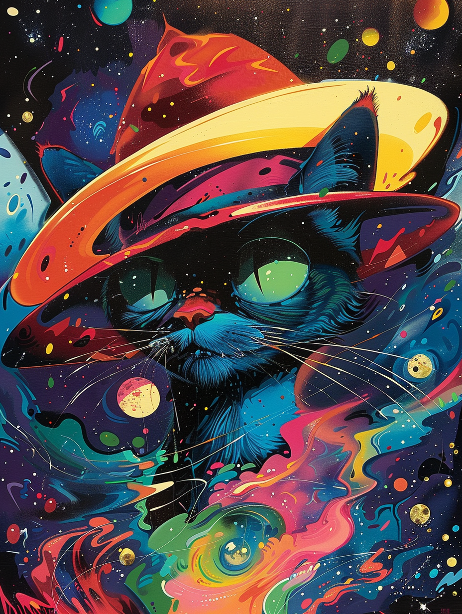 Colorful space Persian cat with a hat by Hebru Bra Expressive surreal Poster # F024606