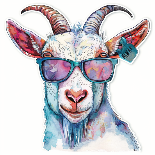 Goat wearing sunglasses Expressive surreal Vinyl Decal Sticker for Car, Laptop, Tumbler and more # F020399-4" x 4"