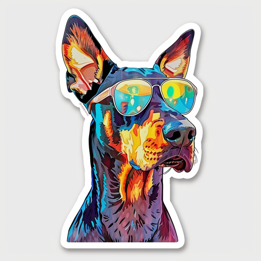 Sticker of a Doberman Pinscher Dog wearing sunglasses Expressive surreal Vinyl Decal Sticker for Car, Laptop, Tumbler and more # F019190