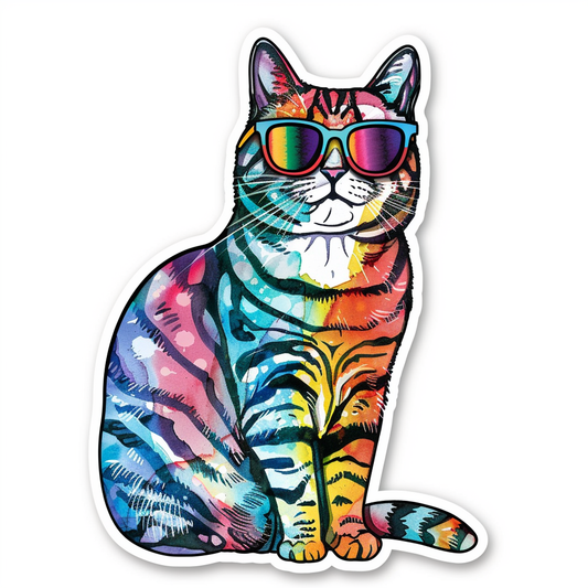 American Shorthair Cat wearing sunglasses Expressive surreal Vinyl Decal Sticker for Car, Laptop, Tumbler and more # F019904-4" x 4"