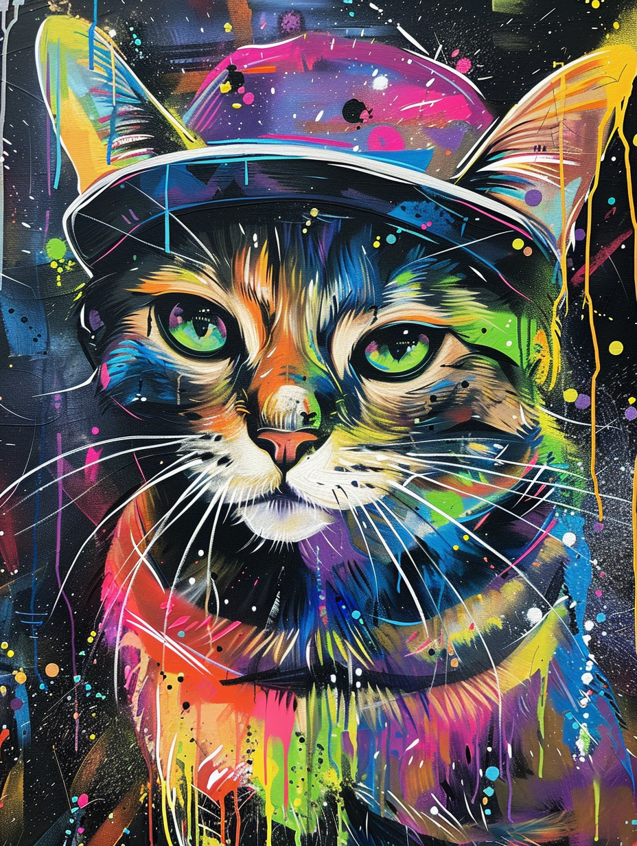 Colorful space Bengal cat with a hat Expressive surreal Poster # F025295