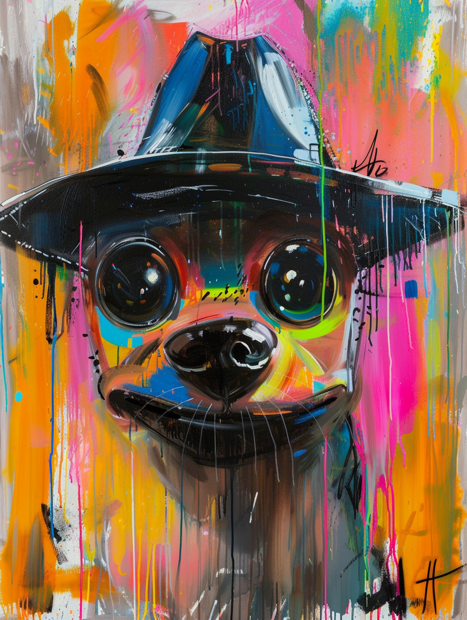 Colorful space Chihuahua dog with a hat Expressive surreal Poster # F025141