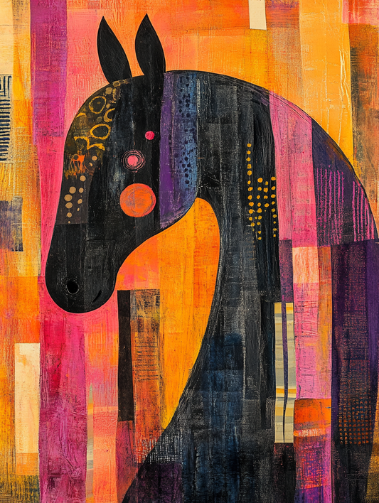 The silhouette of a horse with an abstract colorful background Expressive surreal Poster # F024838