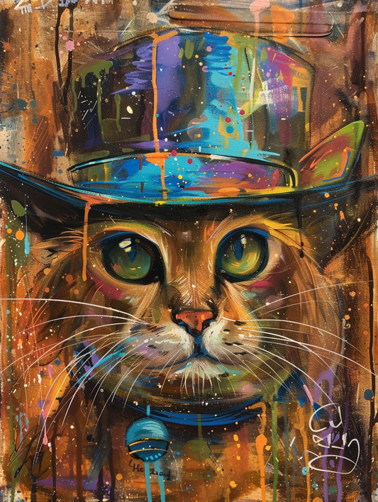 Colorful space Somali cat with a hat Expressive surreal Poster # F025257