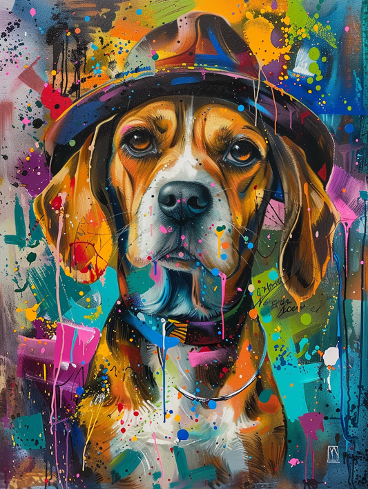 Colorful space Beagle dog with a hat Expressive surreal Poster # F024874