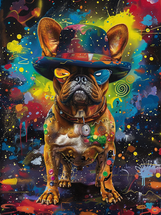 Colorful space Boxer dog with a hat Expressive surreal Poster # F025062