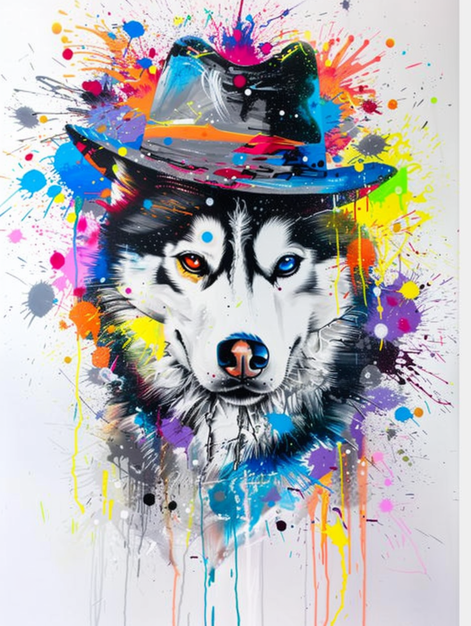 Colorful space Siberian Husky dog with a hat Expressive surreal Poster # F025152