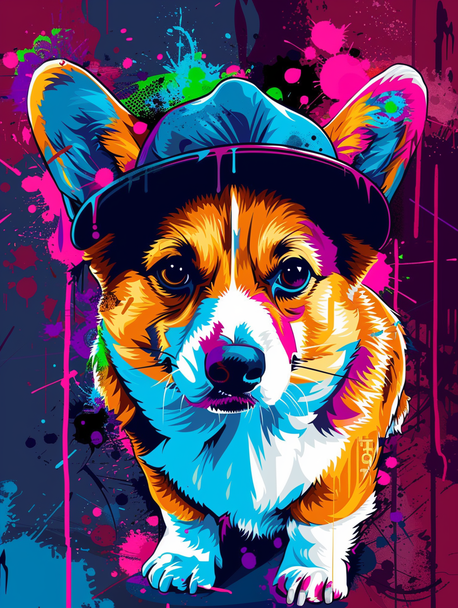 Colorful space Pembroke Welsh Corgi dog with a hat Expressive surreal Poster # F024632