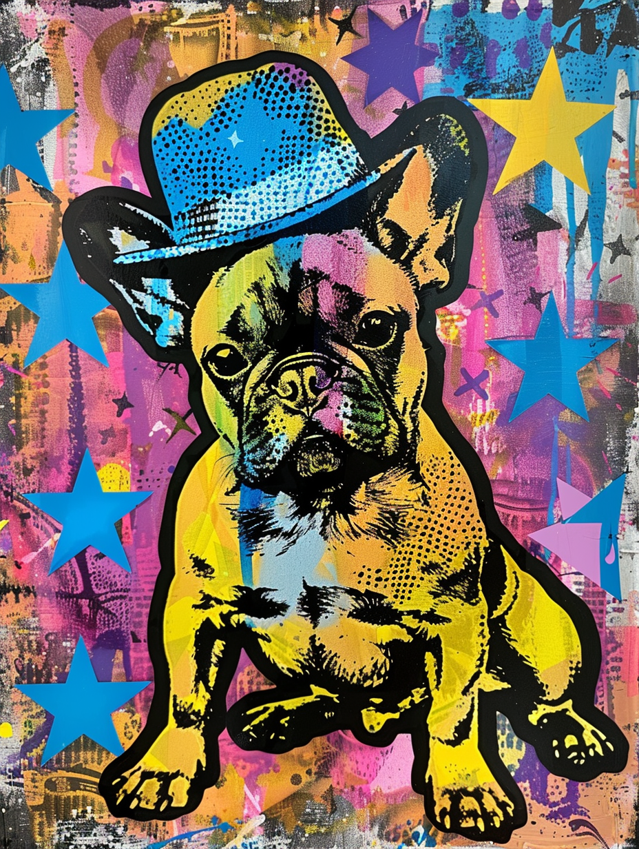 Colorful space French Bulldog dog with a hat Expressive surreal Poster # F025392