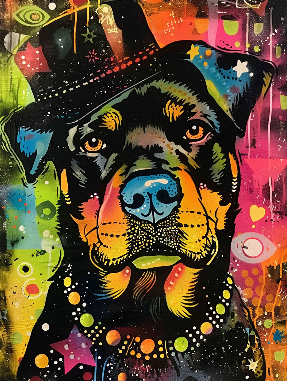 Colorful space Rottweiler dog with a hat Expressive surreal Poster # F024518