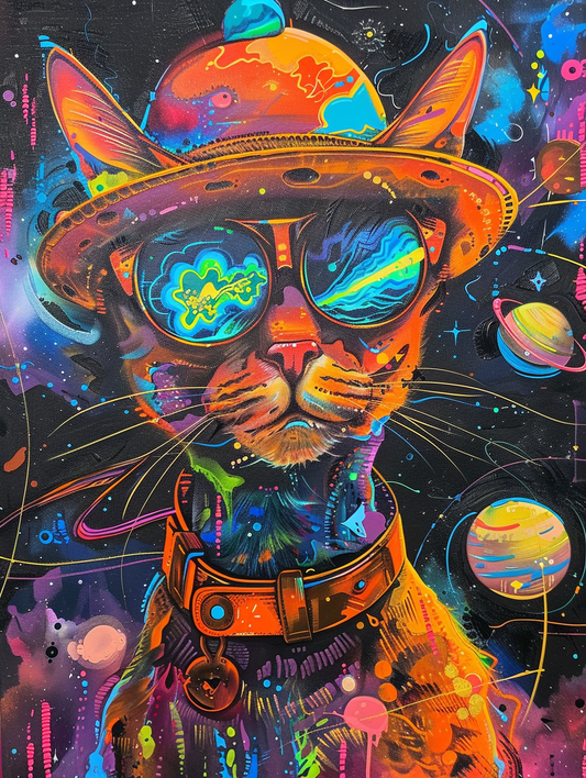 Colorful space Somali cat with a hat Expressive surreal Poster # F024679