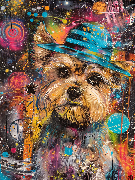Colorful space Yorkshire Terrier dog with a hat Expressive surreal Poster # F024924