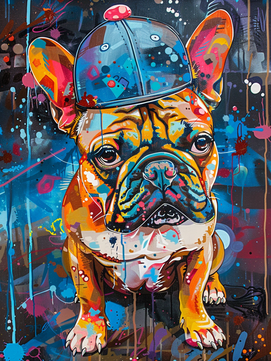 Colorful space French Bulldog dog with a hat Expressive surreal Poster # F025180