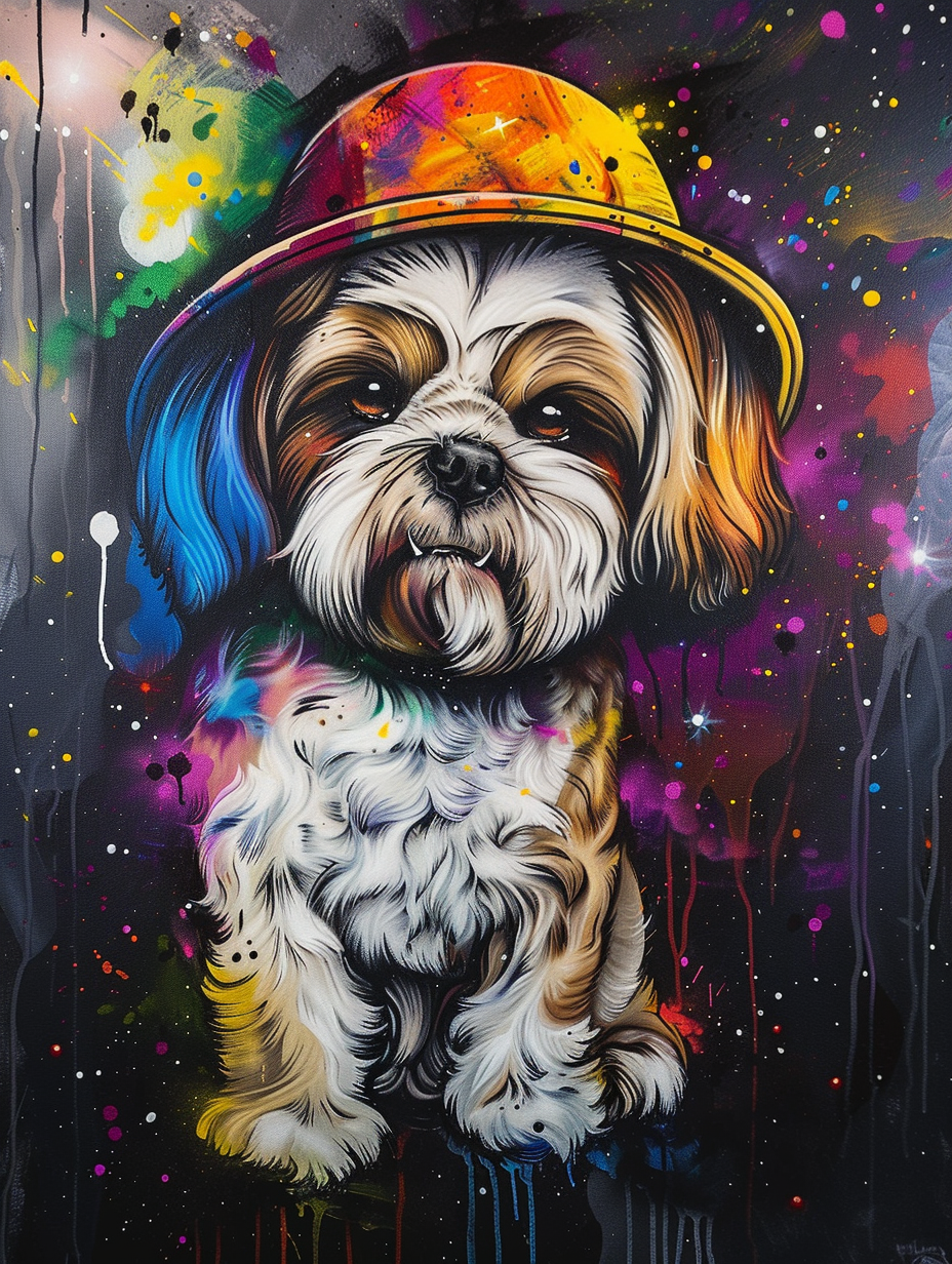 Colorful space Shih Tzu dog with a hat Expressive surreal Poster # F025449