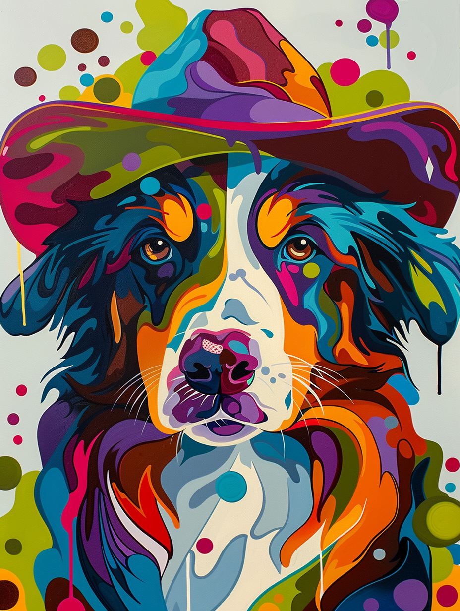 Colorful space Border Collie dog with a hat Expressive surreal Poster # F025510